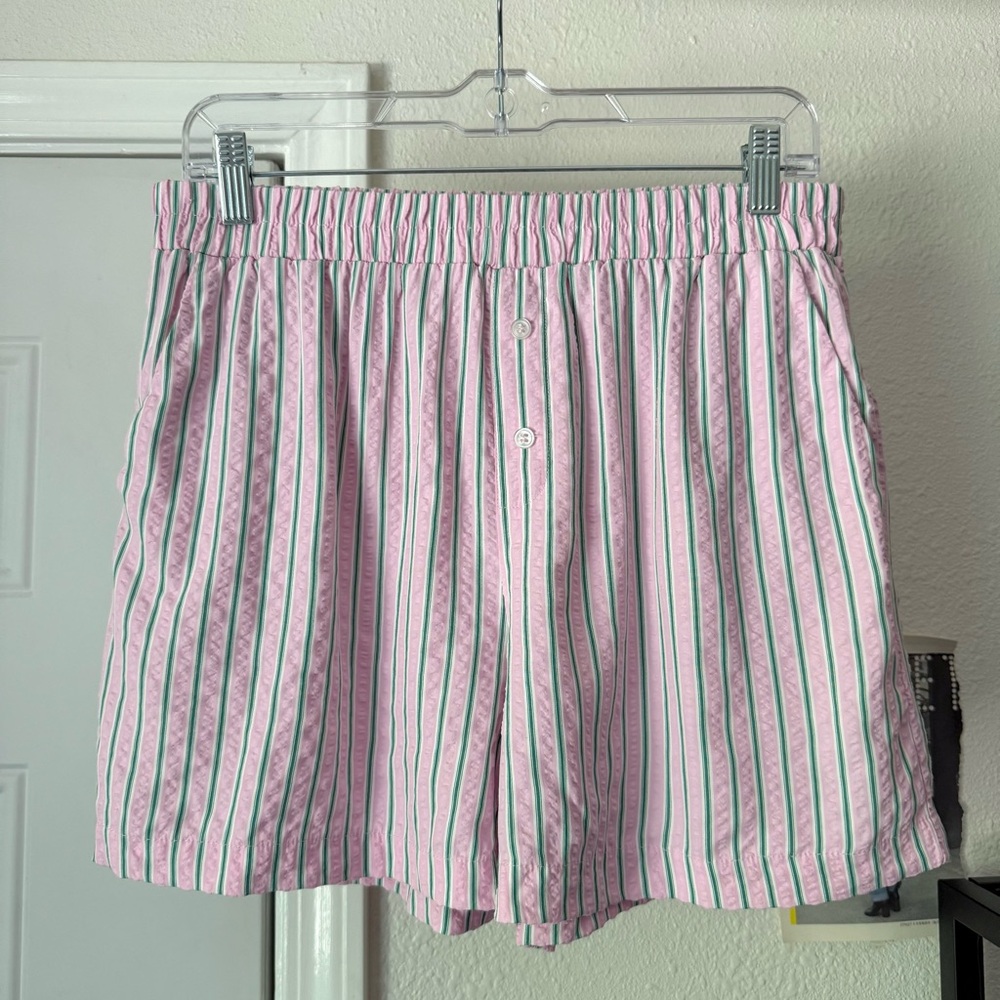 BRIT THE‎ LABEL pink green striped seersucker high rise sleep pajama shorts